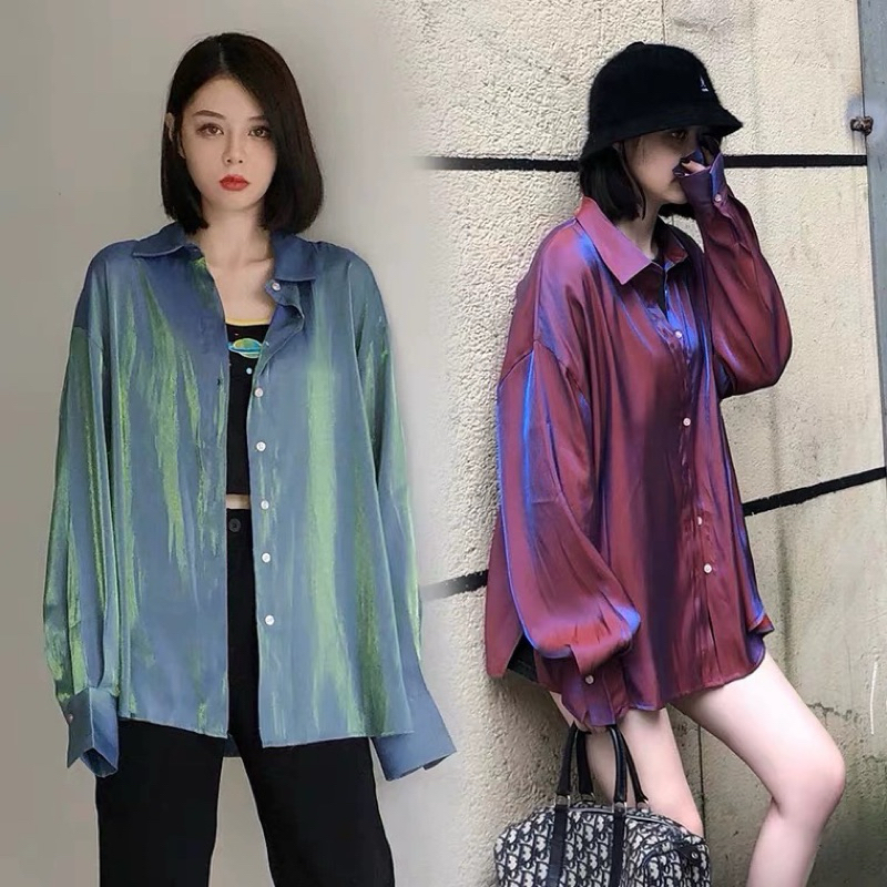 เสื้อเชิ้ตแขนยาว ผ้าเมทลิค เล่นแสง ใส่คลุม ใส่เป็นเชิ้ตตัวเดียวก็เท่ ผ้าดีมากนุ่มมาก