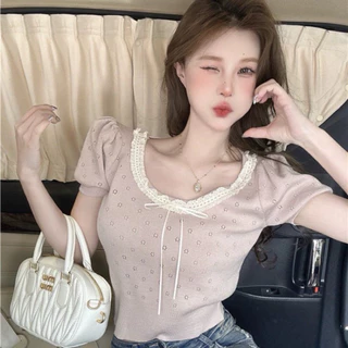 BY IRA Katie Top เสื้อยืดแขนสั้น ประดับโบว์ เข้ากับทุกการแต่งกาย สไตล์ใหม่สําหรับผู้หญิง