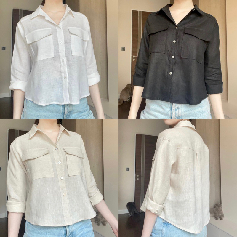 M8เสื้อเชิตแขนยาวผ้าลินินทรงครอปไม่มาก
