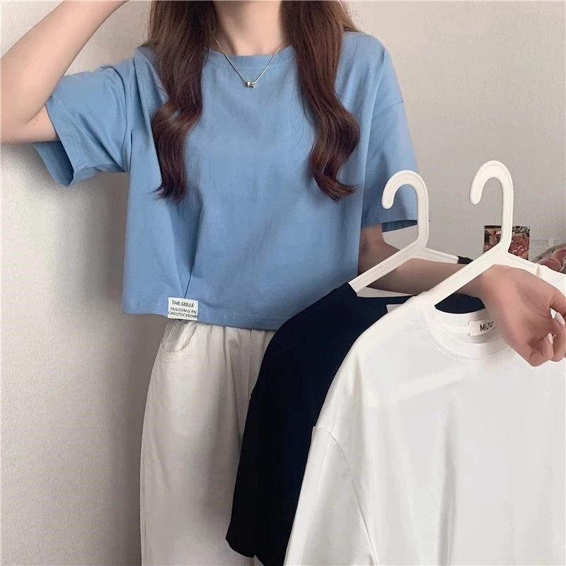 เสื้อคลอปน่ารักๆ สีพื้น oversize เสื้อผ้าสาวอวบมินิมอลสไตล์เกาหลี เสื้อยืดสวยๆผู้หญิงกําลังฮิต คนอ้วนไซส์ใหญ่ M-2XL