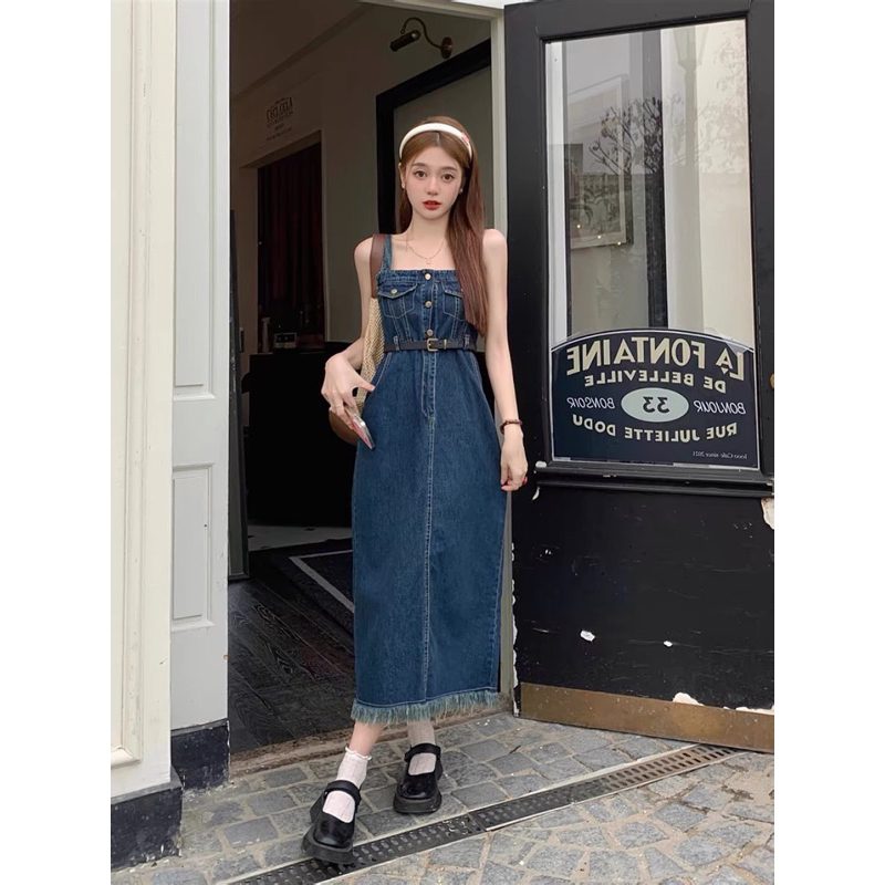 เดรสยีนส์ยาวเปิดหลังพร้อมเข็มขัด ดีเทลผ่าหลังคอเหลี่ยมสไตล์เกาหลีสวยฉ่ำมาก เซ็กซี่น่ารักสุดๆ