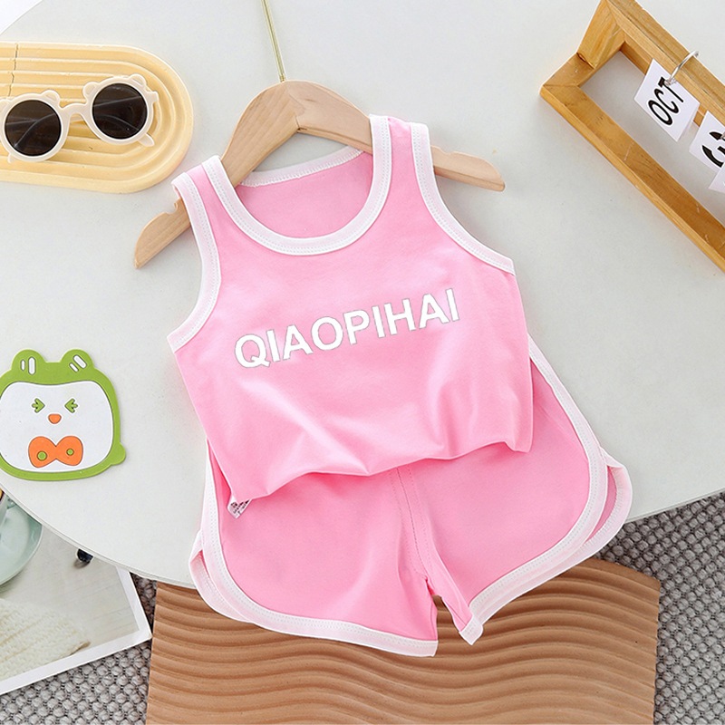 Babyonline(Y087)I3 ชุดเช็ตเสื้อกล้ามกางเกงขาสั้นสำหรับเด็กสกรีนลายอักษรสุดเท่ ผ้าฝ้าย นิ่ม ใส่สบาย