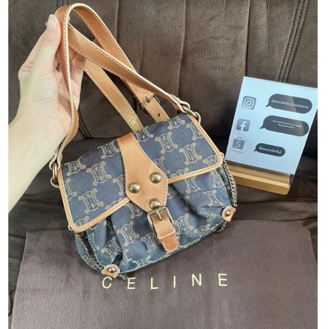 CELINE Paris Macadam crossbody Side chain leather Denim bag ของแท้ เซลีน ซีลีน กระเป๋าแบรนด์เนม มือสอง