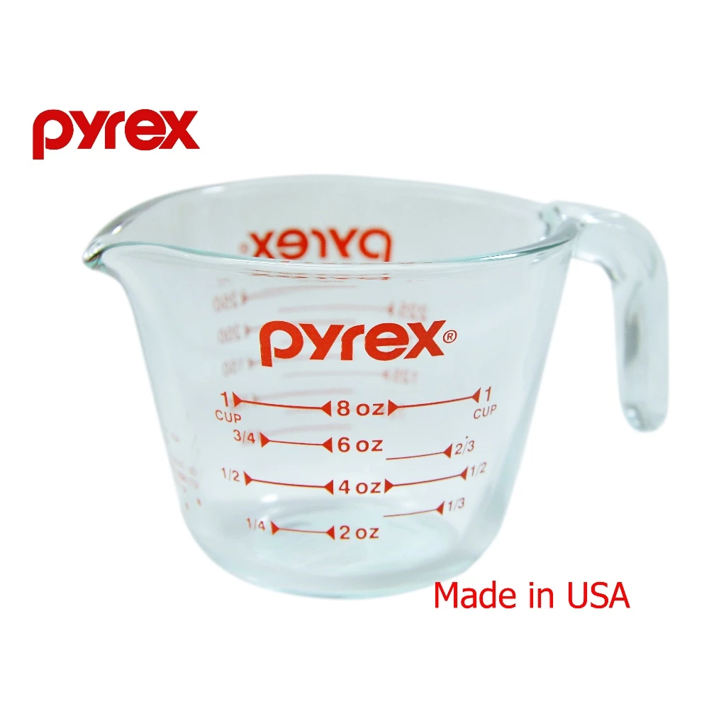 Pyrex แก้วตวงมาตรฐาน 250มล. Made in USA (สินค้ามีความเสี่ยงเสียหายง่ายจากการขนส่ง ควรซื้อความคุ้มครองเพิ่มก่อนสั่งซื้อ)