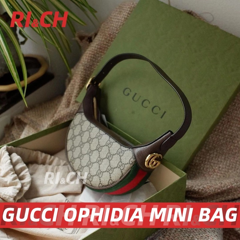 #Rich Gucci ราคาถูกที่สุดใน Shopee แท้💯Gucci Ophidia Mini Bag GG Supreme canvas/ถุงพระจันทร์เสี้ยวกระเป๋ากุชชี่ใต้วงแขน