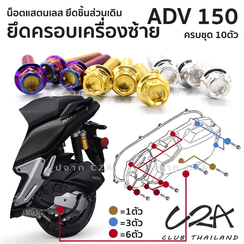 ชุดน็อตเลส ยึดครอบเครื่องซ้าย เดิม ADV150 งานสแตนเลส ชุดสี แคร้งเครื่อง ADV150 งานเลสแท้ ราคาชุด 10 