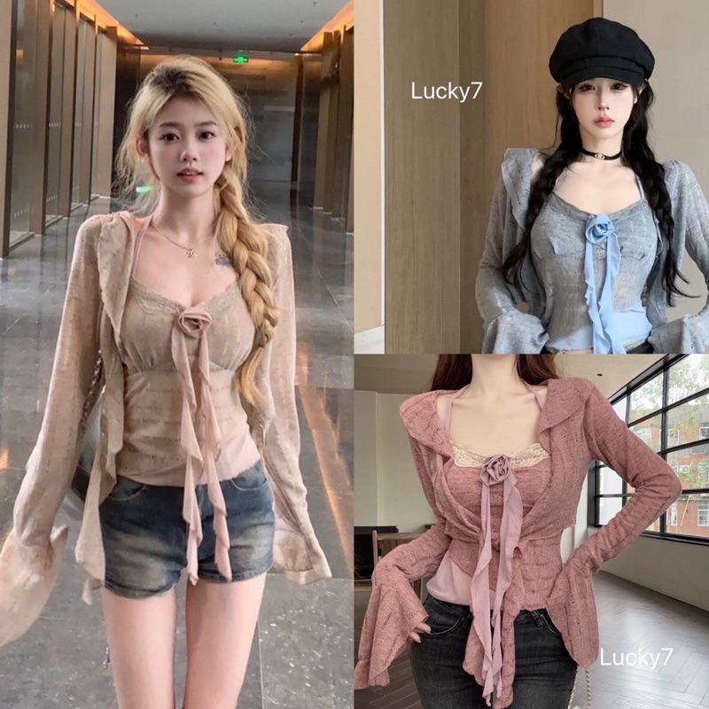 เซ็ทเสื้อถักแขนยาวดีเทลกุหลาบ+เสื้อคล้องคอแต่งลูกไม้ น่ารักมินิมอลสไตล์เกาหลี สวยเก๋มาก