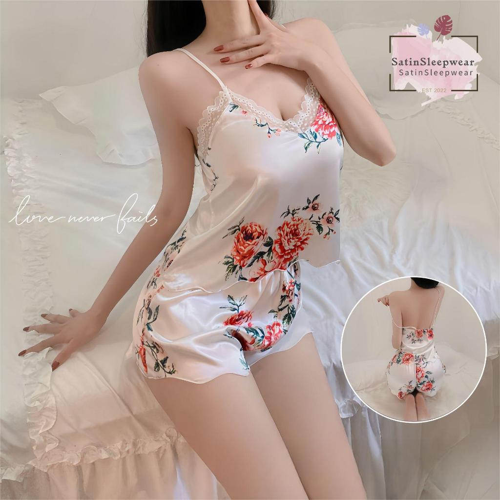 SatinSleepwear🍁🍁ชุดนอนผ้านิ่มใส่สบาย ชุดนอนผ้าซาติน set 2 ชิ้น🥰🥰 ขอบลูกไม้ลายดอกไม้ วัสดุเรียบลื่น จัดส่งจากไทย (H9078）