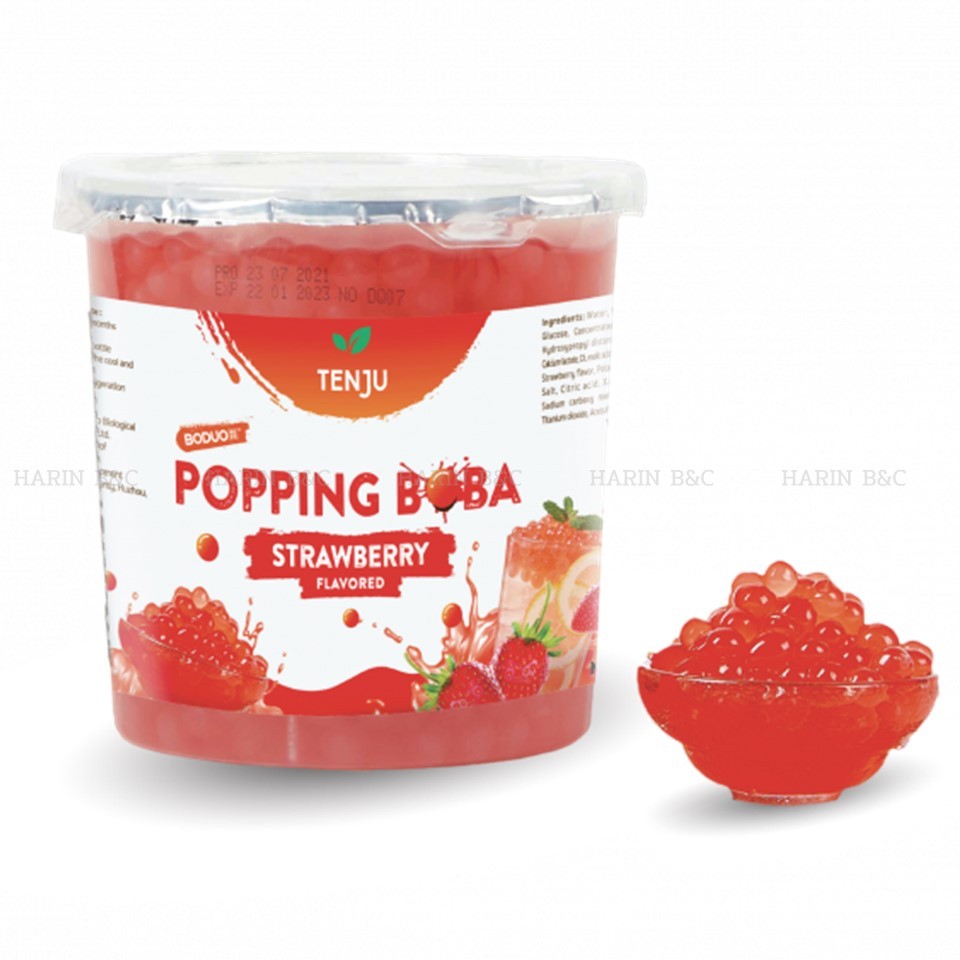 โบโดว ไข่มุกป๊อป สตรอว์เบอร์รี ตราเทนจู 1กก. Boduo Popping Boba Strawberry Flavored Tenju Brand 1kg