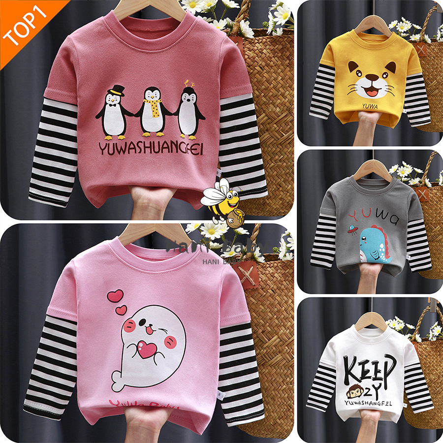 เสื้อยืดเด็กแขนยาว เสื้อผ้าเด็ก ผ้า cotton 100% เเขนลายริ้ว เสื้อผ้าเเฟชั่นเด็ก ไซส์ 80-120 พร้อมส่ง