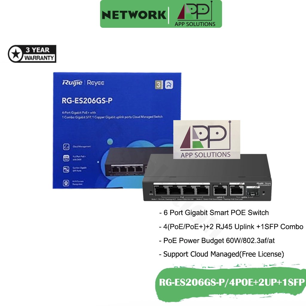 REYEE Switch(สวิตซ์ฮับ)Port Gigabit 4POE+2Uplink+1SFP รุ่นRG-ES206GS-P(ประกัน3ปี)