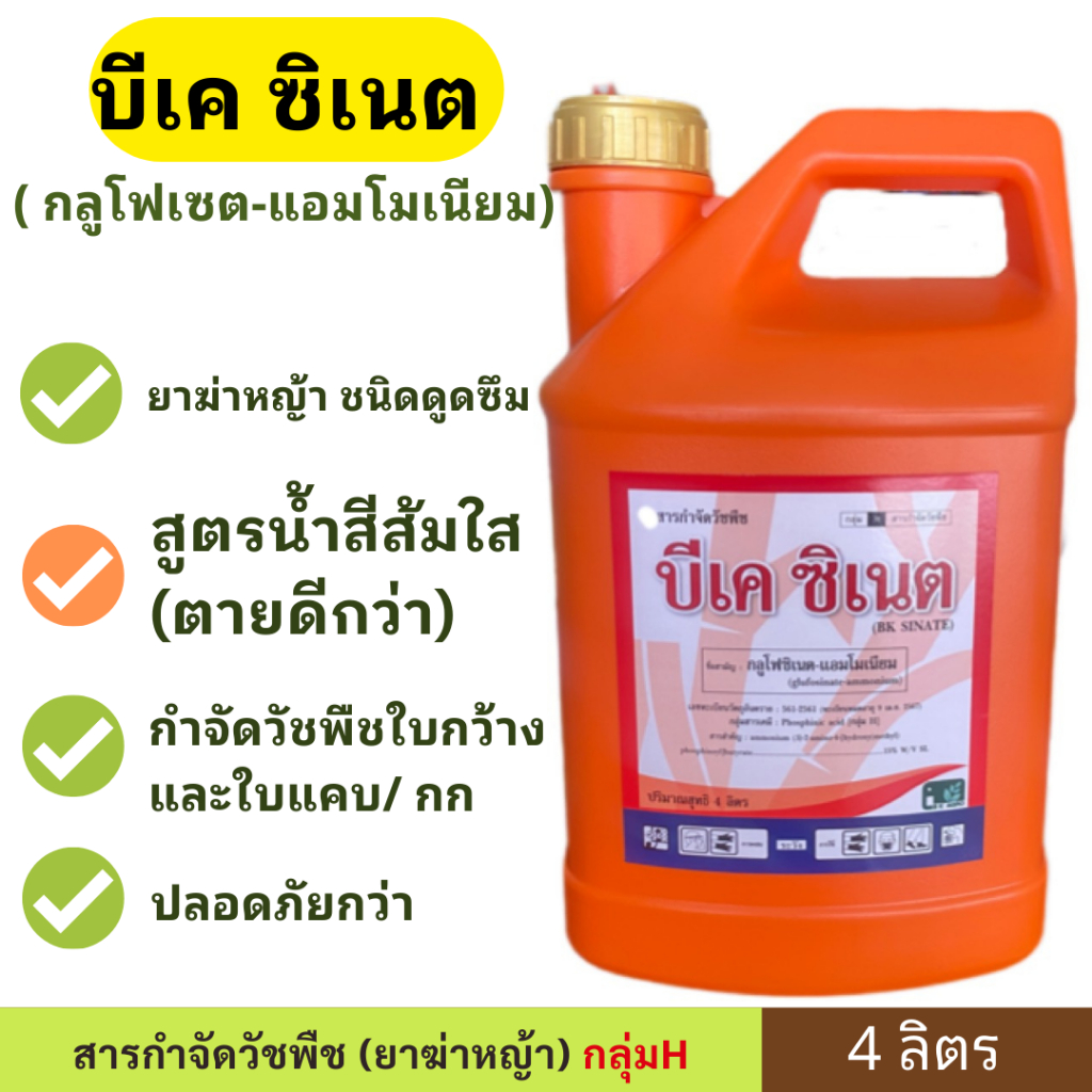 บีเคซิเนต 4ลิตร น้ำส้มใส ( กลูโฟซิเนต -แอมโมเนีย ) สารกำจัดวัชพิชใบแคบและใบกว้าง (สารเผาไหม้)