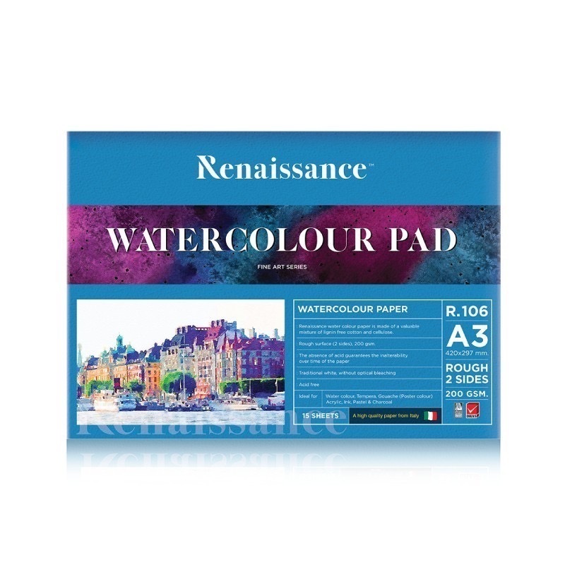 สมุดวาดรูป สมุดวาดเขียนสีน้ำ Watercolour Pad RENAISSANCE 200 แกรม A3 ผิวหยาบ R-106 จำนวน 1 เล่ม