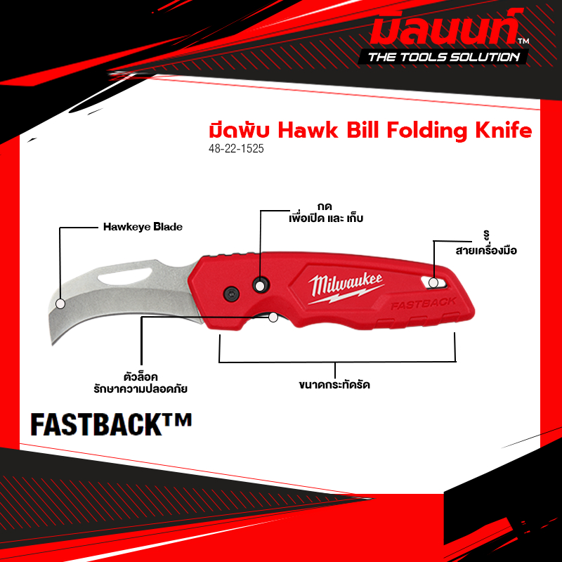 Milwaukee มีดพับ 48-22-1525 Fastback Hawk Bill Folding Knife (NEW) รุ่นใหม่ล่าสุด