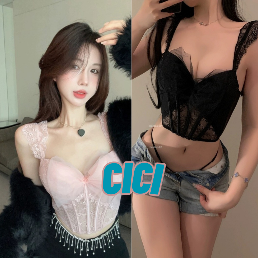 Cici(No.H1903)เสื้อสายเดี่ยวลูกไม้คอเซ็ท ดีเทลโบว์ตรงอก มีฟองน้ำ สายปรับไม่ได้ แซ่บเวอร์