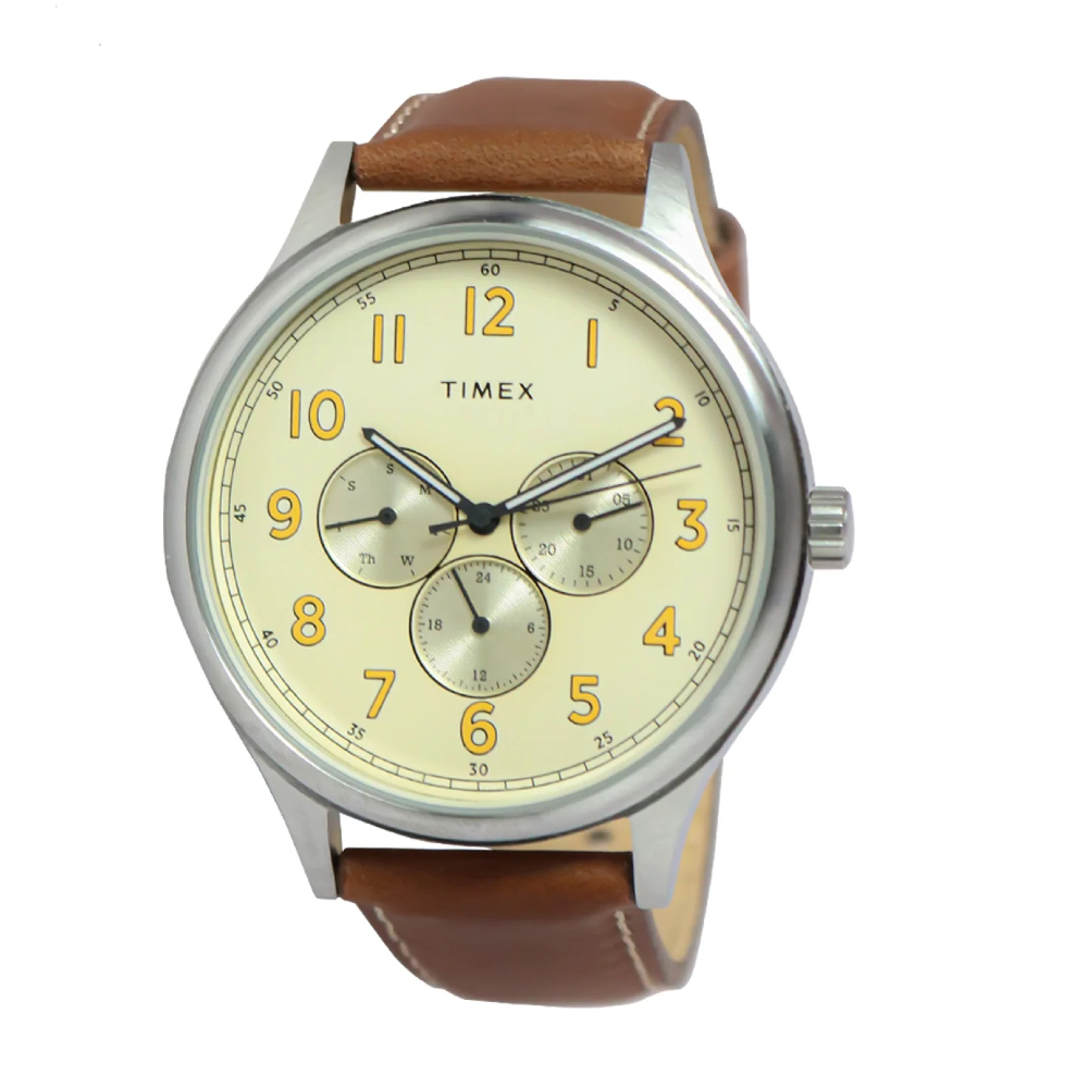 Timex TW00NTD58E Discoverer Brown Leather Analog Quartz Watch For Men 43mm.  นาฬิกา นาฬิกาข้อมือ นาฬิกาข้อมือผู้ชาย