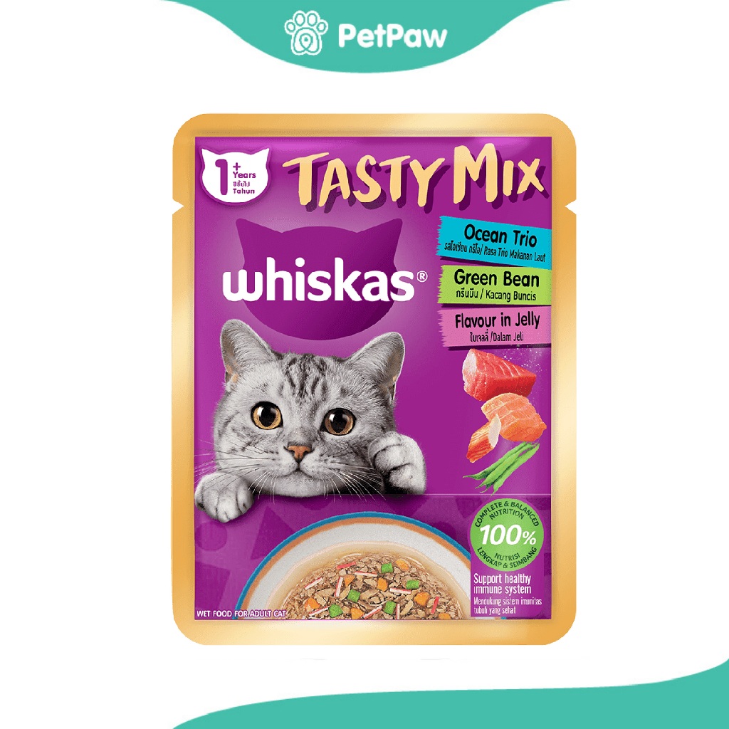 Whiskas Tasty Mix Adult อาหารเปียกสำหรับแมวโต รสรสโอเชียน ทริโอ กรีนบีนในเจลลี่ 70g.(70g.)