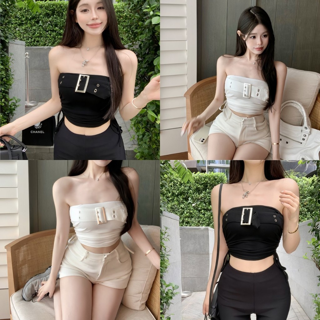 เสื้อครอปท็อป เสื้อเกาะอก เซ็กซี่ เเต่งเข็มขัดอก รูดเชือกด้านข้าง ปรับความยาวได้ #602153
