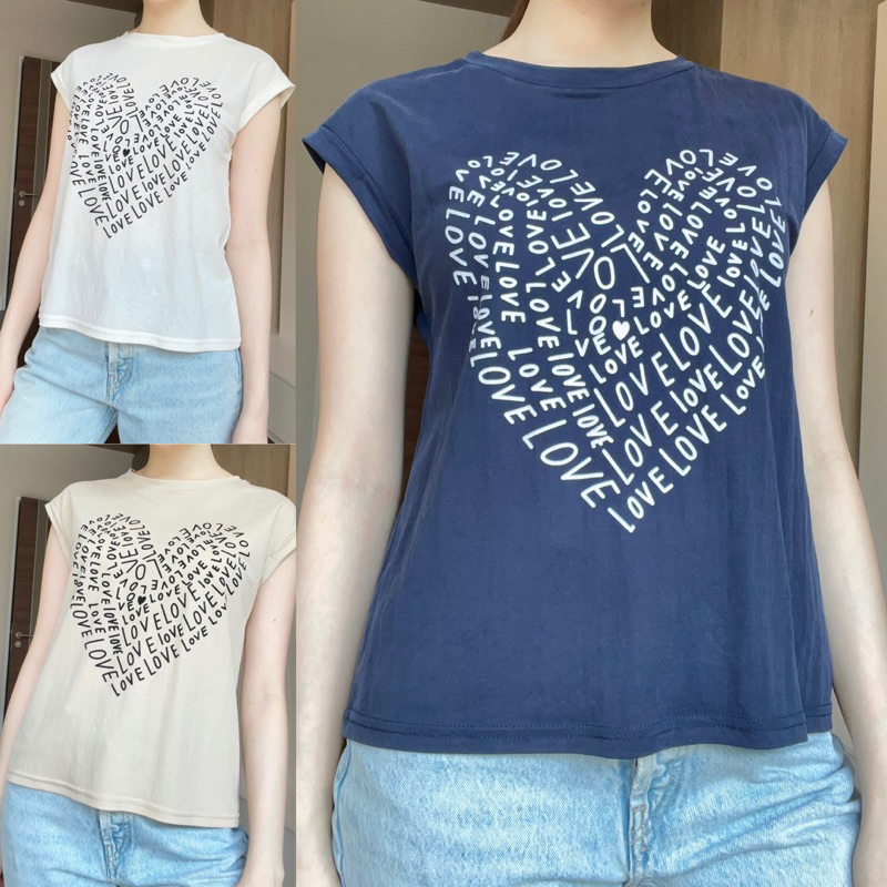 T7เสื้อยืดผสมลินินทรงไหล่ล้ำแขนเบิ้ลสกรีนลายกำมะหยี่