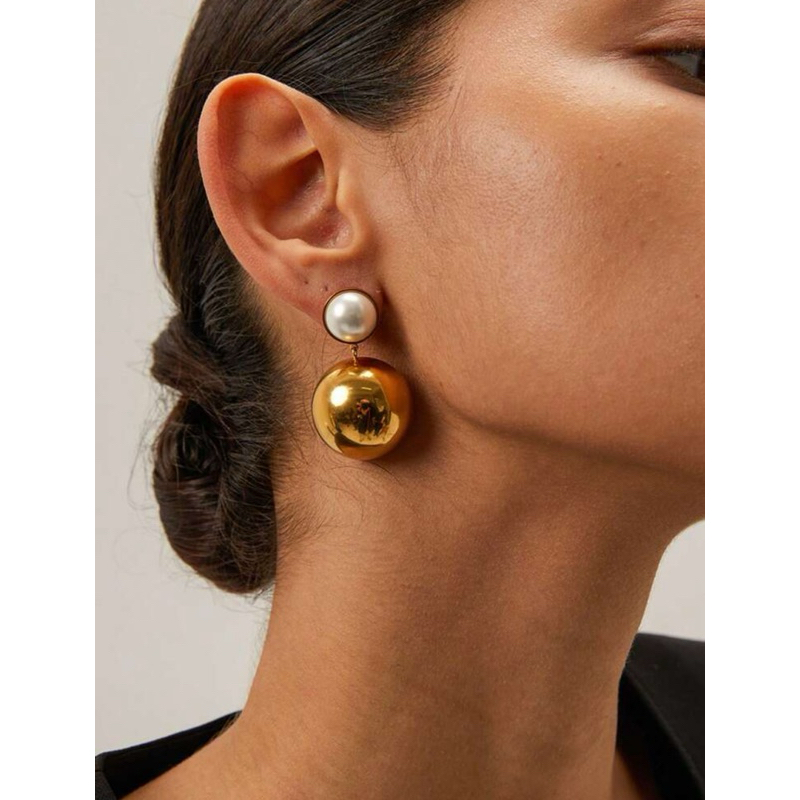 Uworld 1pair 18k Gold Plated Unique Fashion Stainless Steel Faux Pearl Inlaid Half Ball Pendant Hamm