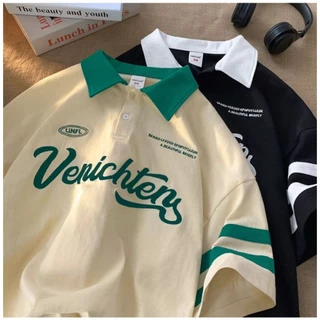 fashiongirl1688 พร้อมส่ง เสื้อคอปกแขนสั้นทรงโอเวอร์ไซส์ แนววัยรุ่นเทสดี ใส่ได้ทั้งชายและหญิง
