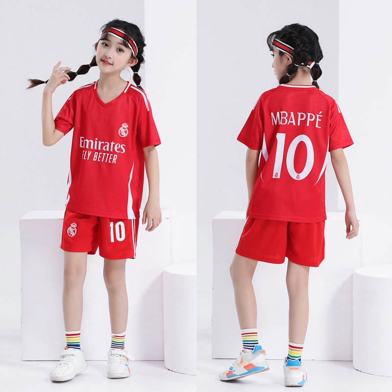 BBQชุดฟุบอลเด็กเสื้อ+กาเกงกีฬาฟุตบอลเด็กแขนสั้น ลายสโมสรเรอัลมาดริด2024-2025สกรีนชื่อจูด เอ็มบัปเป้+เบอร์10 สีแดงMbappe