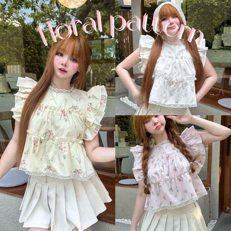 เสื้อแขนระบายแต่งลูกไม้ ผ้าครัชพิมพ์ลายดอก น่ารัก / L3-4// NUSA-คอลูกไม้