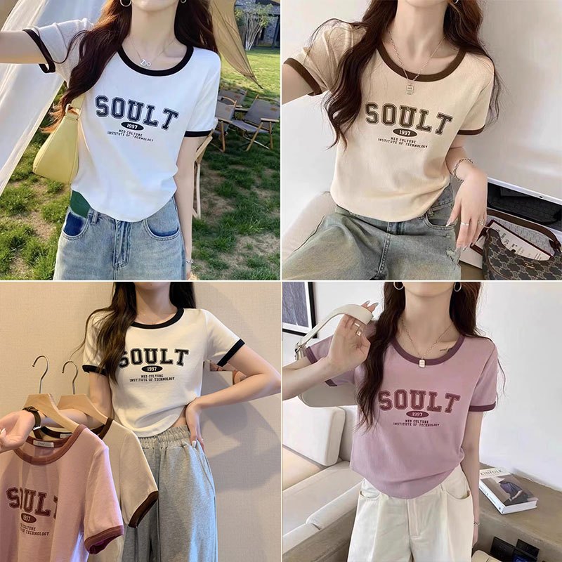 เสื้อครอปแขนสั้นสไตล์เกาหลี เสื้อผ้าสาวอวบน่ารักๆ มินิมอล แฟชั่น เสื้อยืดรัดรูปสวยๆผู้หญิงที่กําลังฮิต สีทูโทนน่ารักม้าก