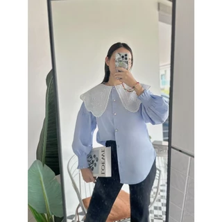 ป้าย Saturday เสื้อเชิ้ตผ้าคอตตอนแต่งปกลูกไม้ หน้าผ้า 44 นิ้ว