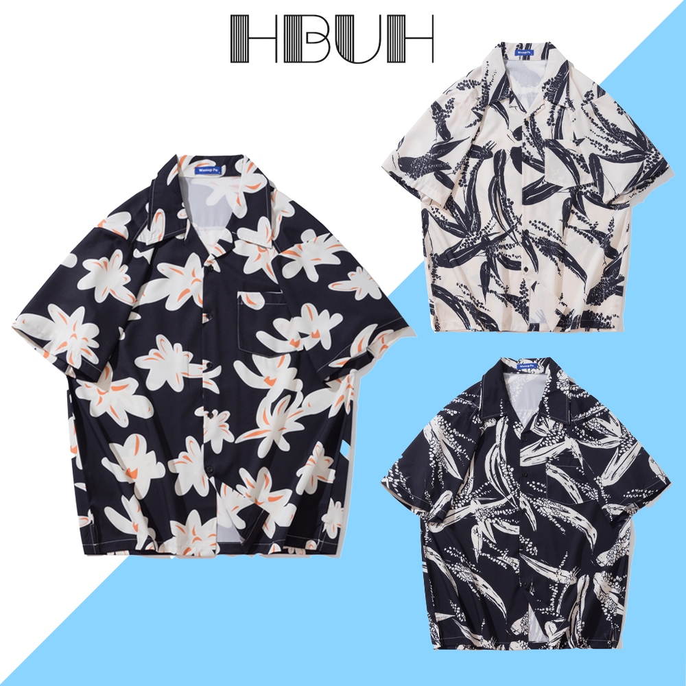 HBUH fashion เสื้อฮาวายเชิ้ตแขนสั้น Hawaii ลายพิมพิ์ธรรมชาติ ผ้าโพลิเอสเตอร นิ่มใส่สบาย
