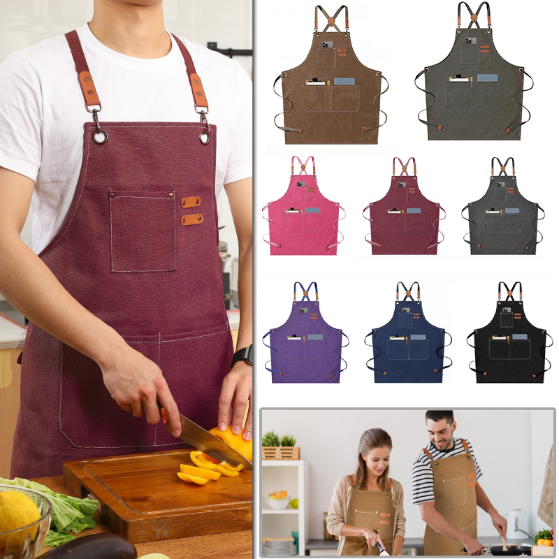 ผ้ากันเปื้อนทําอาหาร ผ้ากันเปื้อนกันน้ํ ผ้าใบ ทนทานต่อสิ่งสกปรก ผ้าหนา กระเป๋าใหญ่ ง่ายต่อการใช้งาน ร้านชานม ร้านกาแฟ