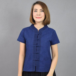 เสื้อหม้อฮ่อม คอจีนกระดุมจีน (แบบตรง) หญิง เนื้อผ้าฟอกหิมะนุ…