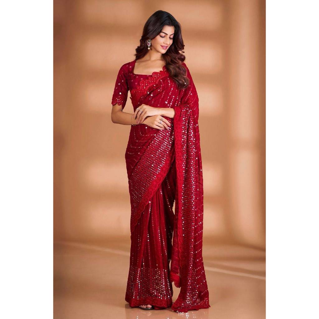 SAREE FAB. : Heavy Georgette Fabric *WORK :* Beautiful Sequence embroidery work * BLOUSE*- Sequins e