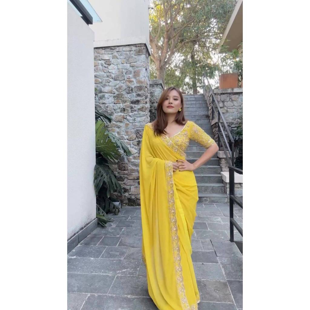 Saree Fabric :-Faux Georgette  Work :-Thred & Sequnce work Cut :-5.5 Blouse Fabric.  :-Faux Georgett