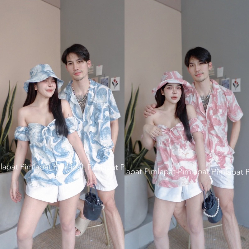 ชุดคู่รัก 3ชิ้น เสื้อเกาะอกสม็อคแขนมาพร้อมหมวก+เสื้อฮาวายผู้ชาย ใส่ไปคาเฟ่ทะเล