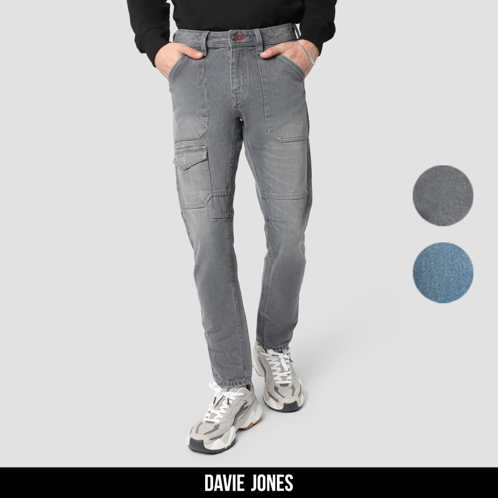 DAVIE JONES กางเกงยีนส์ ริมแดง Selvedge Tapered Slim Fit Jeans CO0062 สีเทา น้ำเงิน