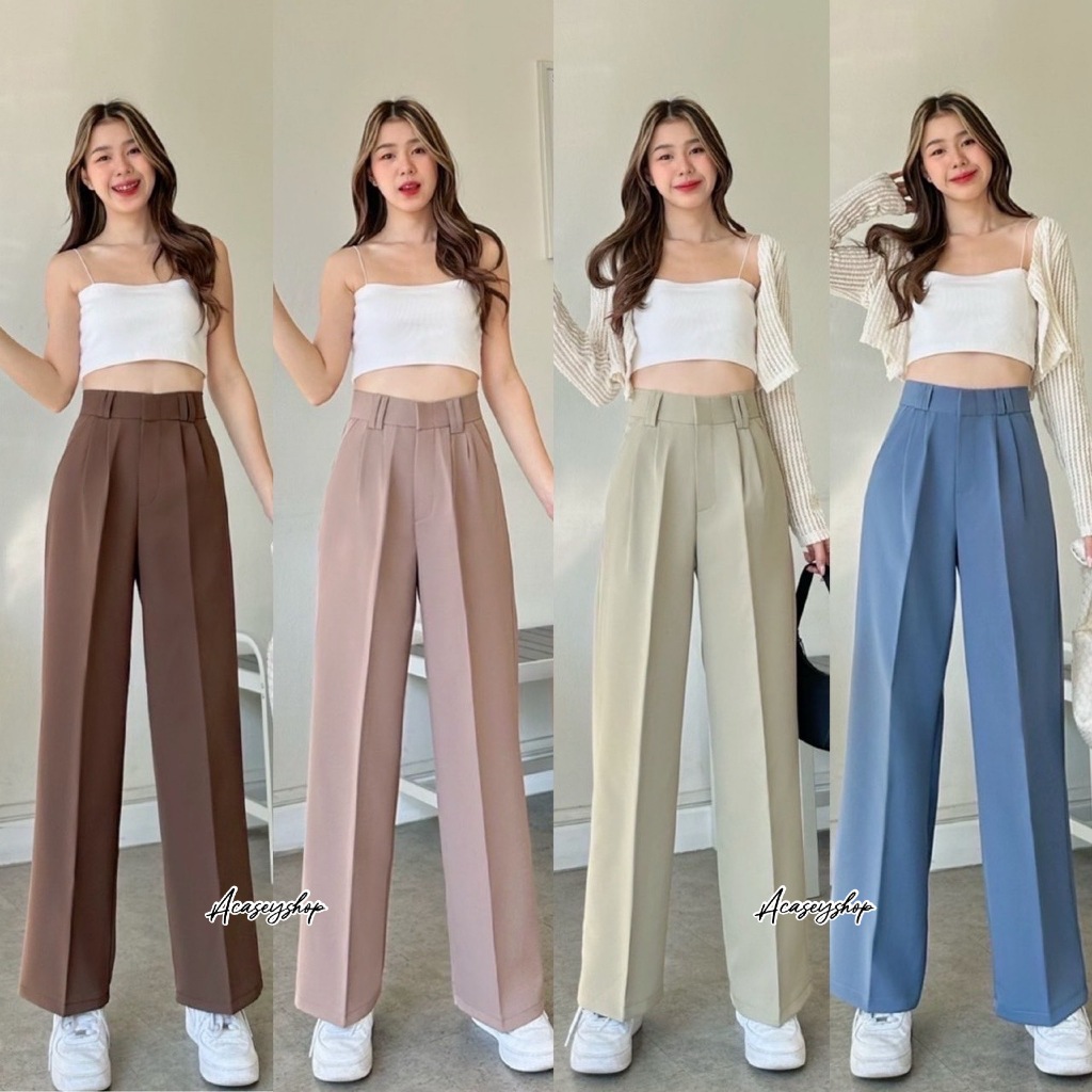 Acasey กางเกงขายาวผู้หญิง ขากระบอกใหญ่ ตะขอหน้า หูคู่ กระบอกใหญ่ตะขอ2หู ไซส์ XS - XXL