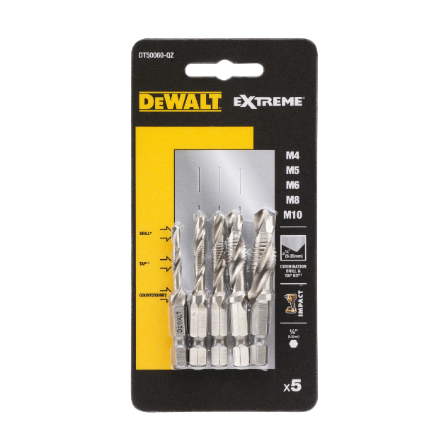 DEWALT ดอกต๊าปสว่านกระแทก1/4" รุ่น DT50060-QZ (5 ตัวชุด) การออกแบบบิต 3-in-1 เกรดดอก HSS ของแท้100%