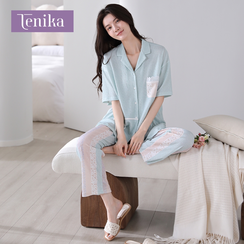 TENIKA ชุดนอน ผู้หญิง เสื้อแขนสั้น ขาสี่ส่วน ผ้าจีบ ชุดอยู่บ้าน ฟรีไซส์ M-XXLรหัส HW-013 — صورة 4