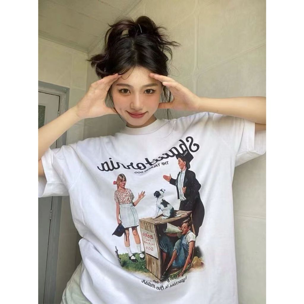 เสื้อคู่รักชายหญิง oversize เสื้อผ้าแฟชั่นวัยรุ่นน่ารัก เสื้อครอปเท่ๆวินเทจโอเวอร์ไซส์ผู้หญิงสไตล์เกาหลี สกรีนลาย ไปทะเล