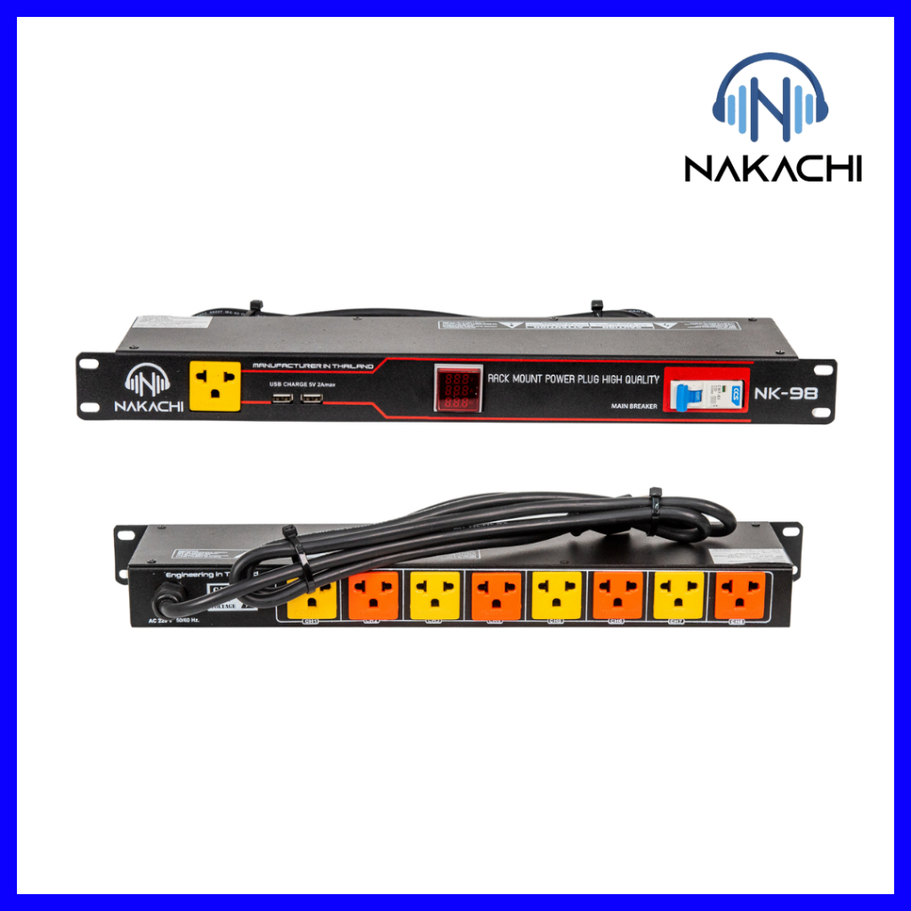 รางปลั๊กไฟ NAKACHI NK-98 มีช่องUSB ปลั๊กไฟใส่ RACK 8 ช่อง