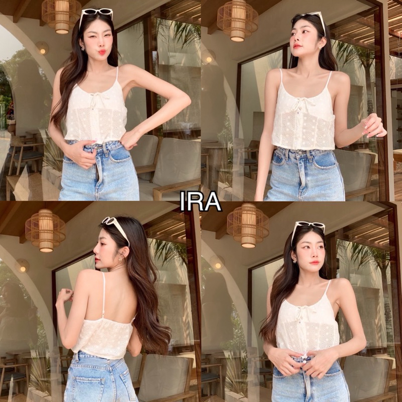 BY IRA(23096)  Betty top เสื้อท็อปสายเดี่ยวแต่งฉลุ ดีเทลเชือกผูกโบว์ด้านหน้า ผ้าดีย์ใส่สบายฝุดดๆ