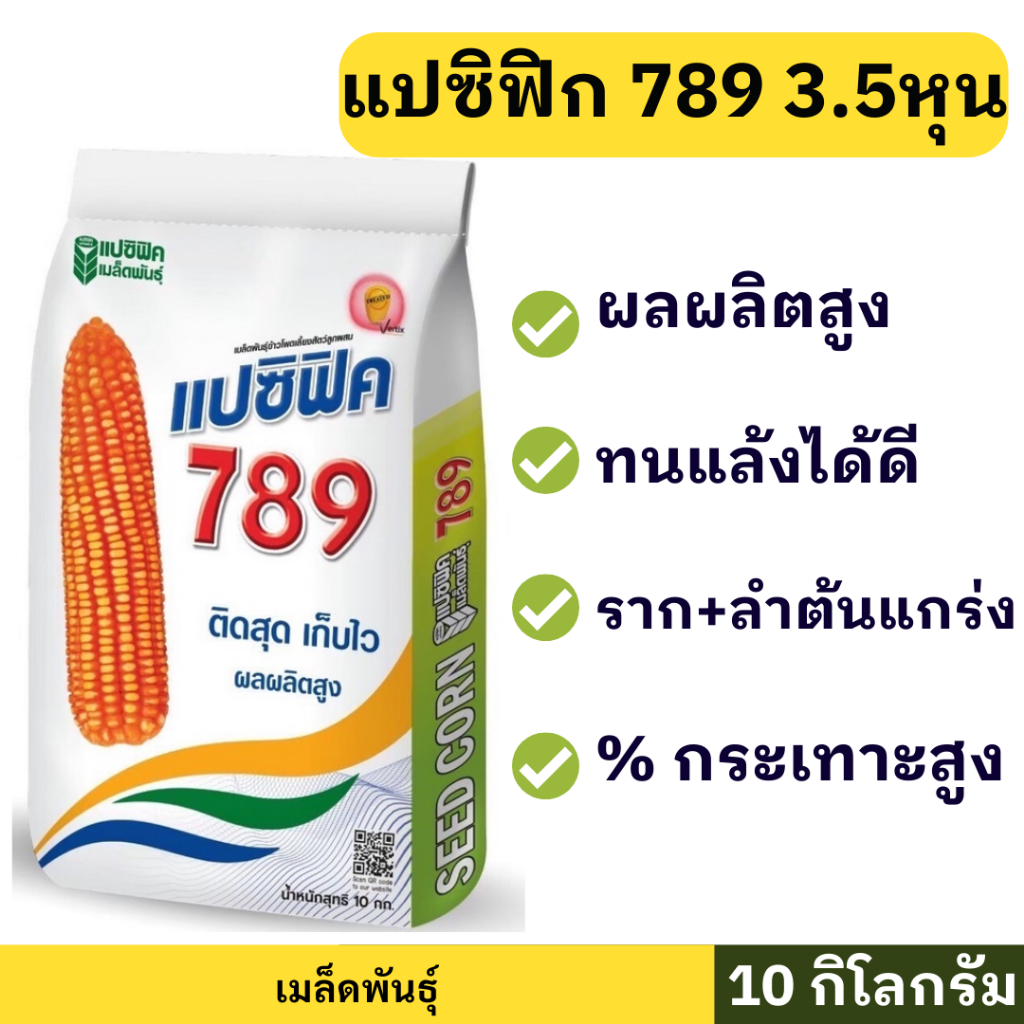 🌽 เมล็ดพันธุ์ข้าวโพด แปซิฟิก 789 🌽 (3.5หุน) 10กิโลกรัม ผลผลิตสูง ฝักใหญ่ ระยะปลูก 105-120วัน