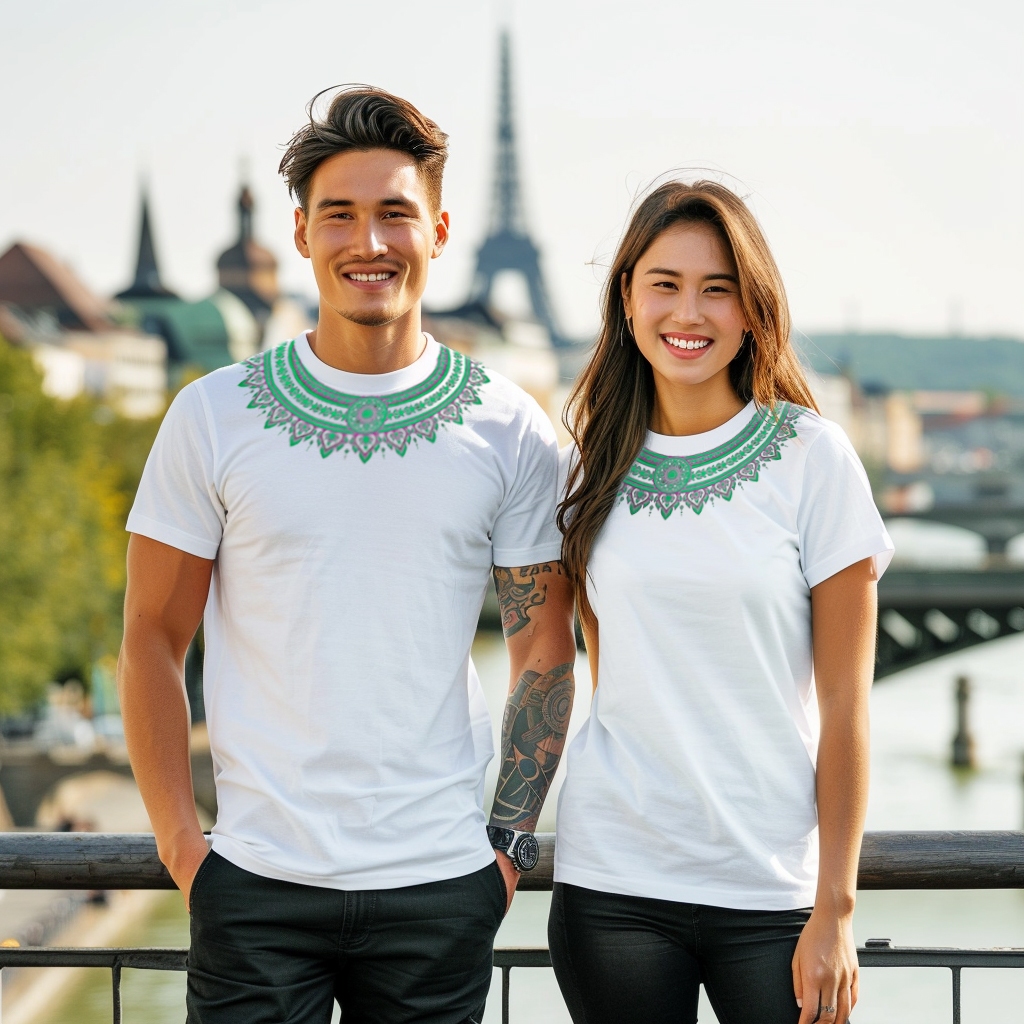 Phahuratdotcom_ Limited color เสื้อยืดลายไทย ลายกรองคอแขนสั้นสีขาว ผู้ใหญ่ (ลายเขียว-กลีบบัว)