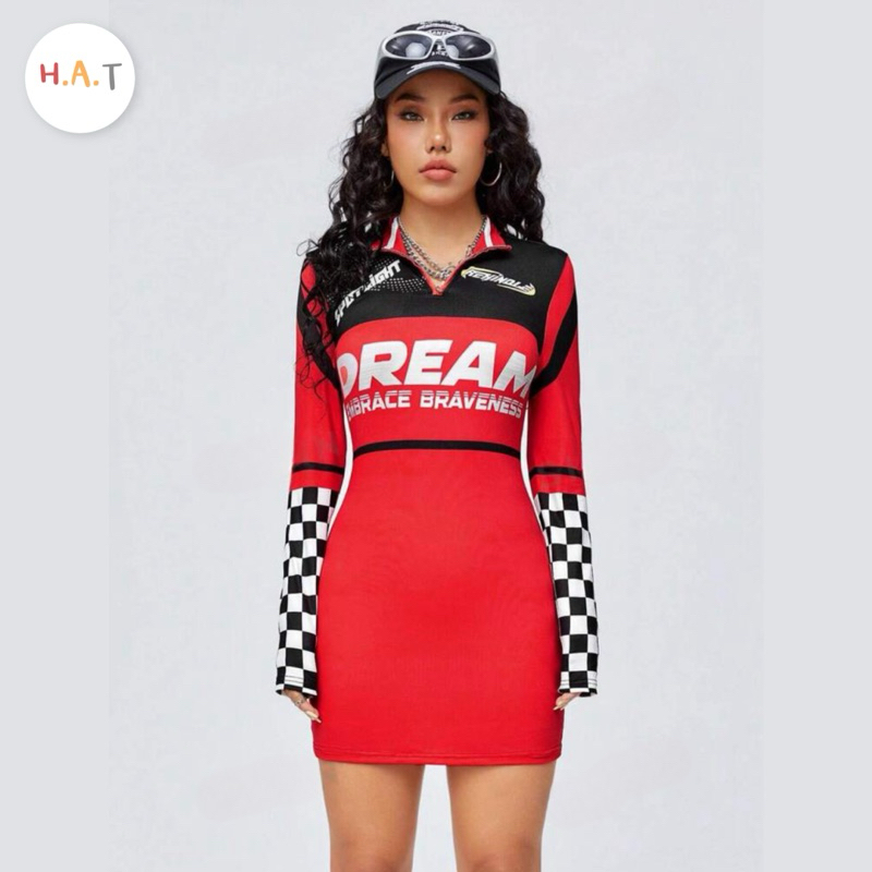 (พร้อมส่งXS)เดรสยาวบอดี้คอนแขนยาว ลายracing สไตล์สาวไบเกอร์ ผ้ายืดโพลีเอสเทอร์ นิ่มใส่สบาย มีไซส์