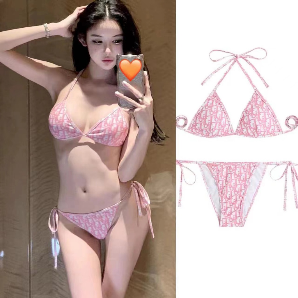 Basic swimsuit bikini sexy ชุดว่ายน้ํา ทูพีช สีชมพู พร้อมส่งในไทย #0112