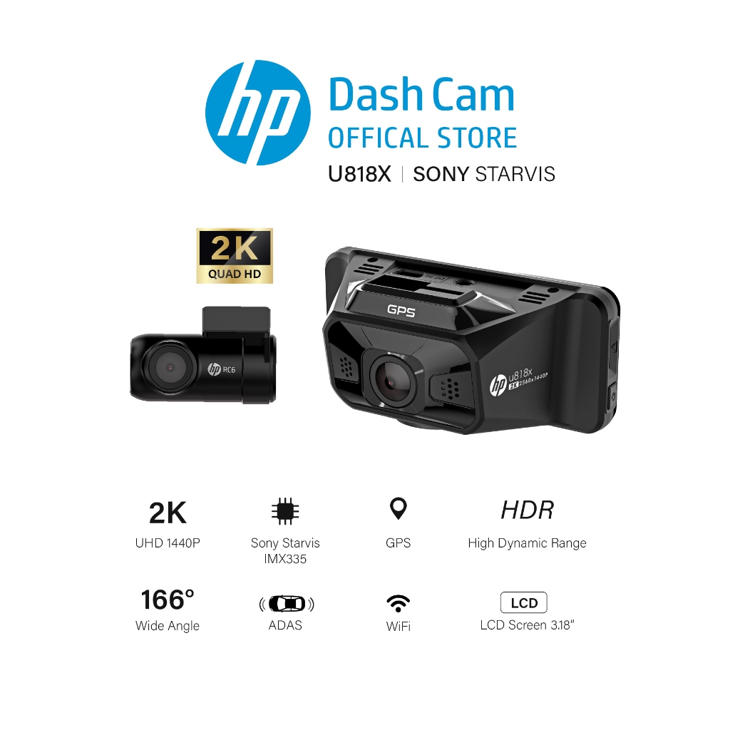 HP Dash Cam U818X 2K + กล้องหลัง RC06 SONY STARVIS Sensor Built-In GPS + WiFi +  ADAS มุมกว้าง 166 °