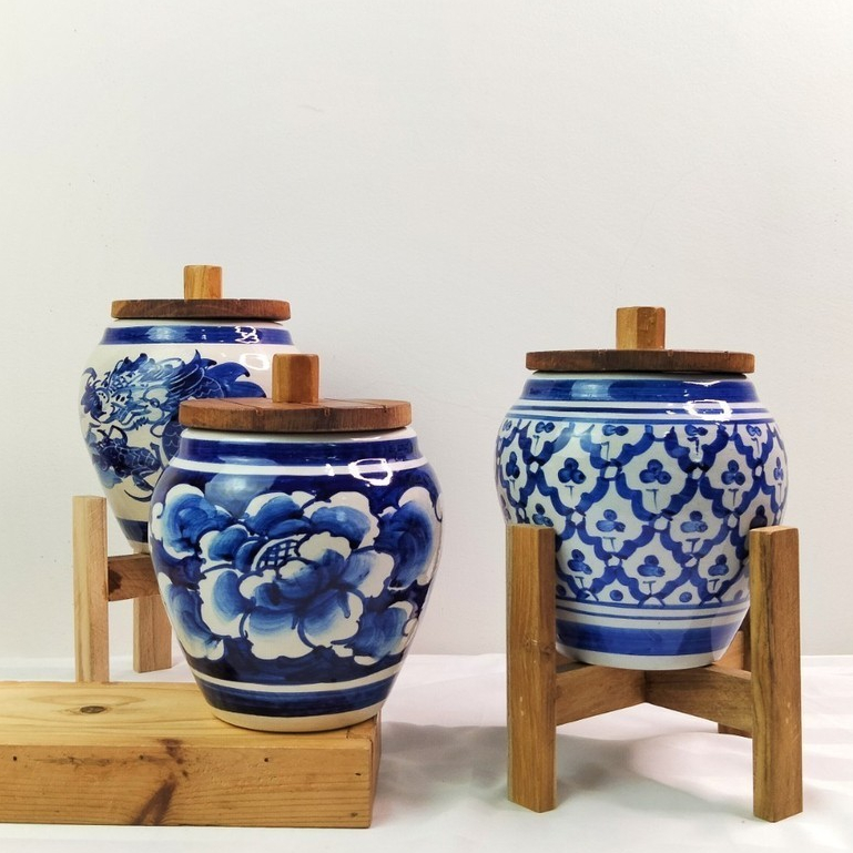 โอ่งเซรามิค โอ่งน้ำฮวงจุ้ย 1 ชุด โอ่ง+ฝาไม้+ขาตั้งไม้โอ่งใส่น้ำวางหน้าบ้านโอ่งมังกร เสริมดวง