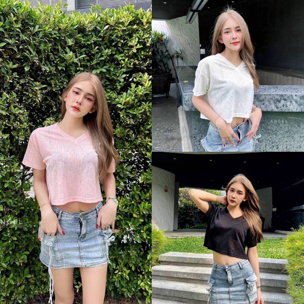 พร้อมส่งTOPSHOP☀️🌻 เสื้อคอวีทับแขนสั้น ผ้าสล๊าฟใหม่ลายแนวตั้งนำเข้าเกรดพรีเมี่ยม☀️🌻งานป้าย