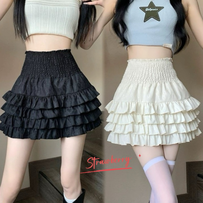 STR พร้อมส่ง กระโปรงสั้นลูกไม้ skirt Y2K เอวสม๊อคทรงเอ แต่งระบายมีกางเกงซักใน ชุดเที่ยวทะเลคาเฟ่ กระโปรงเอลฟ์ผู้หญิง